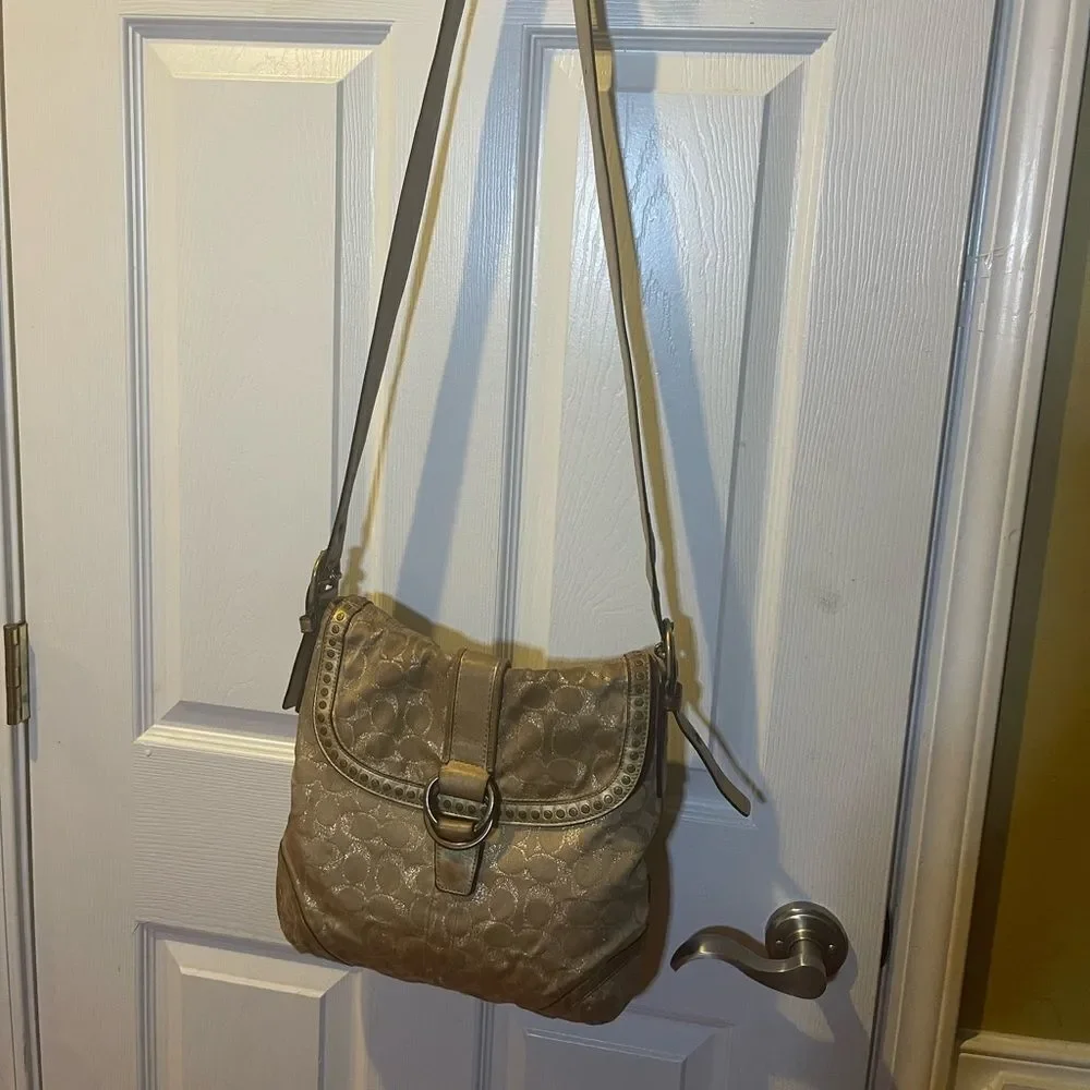 Coach Metallic Fabric Gold Signature Lured Studded Crossbody Bag  leather trims